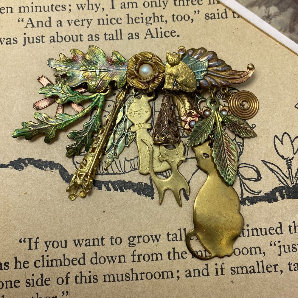 Vintage Cat Multiple Dangle Assemblage Brooch - image 1